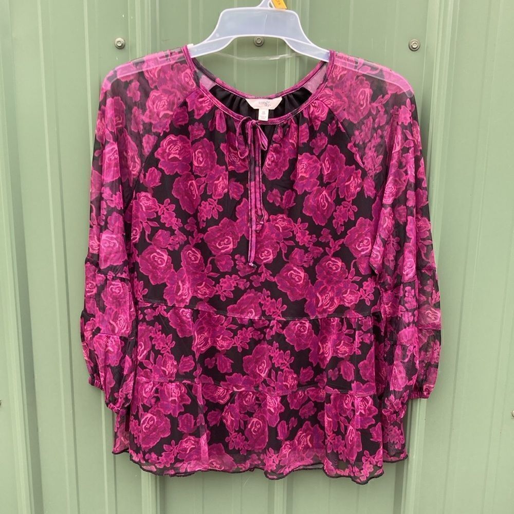 Women's Plus Size Print Mesh Peplum Peasant Top with Long Sleeves Size 0X (14W)